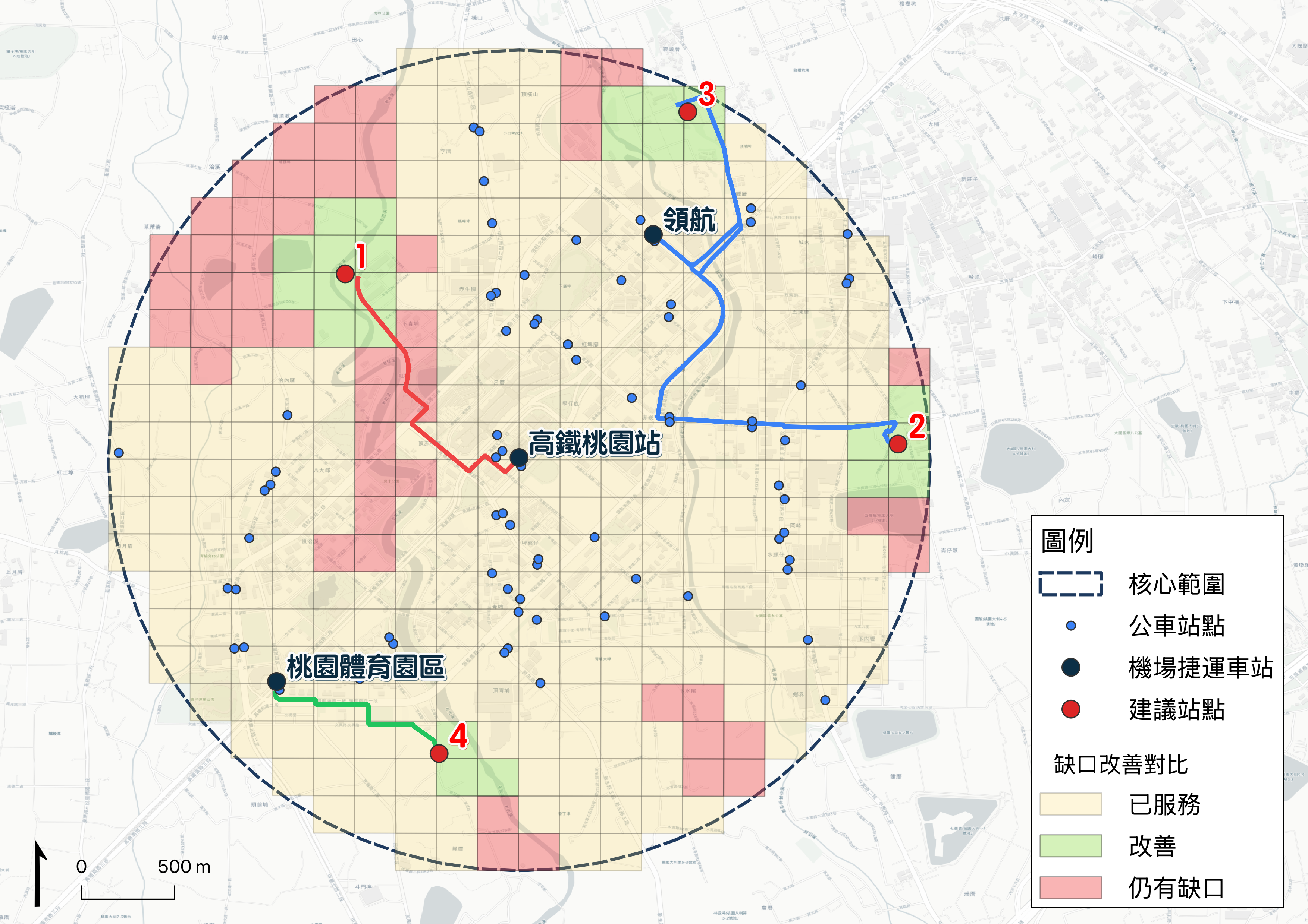 缺口改善前後對比 - 綠色區域為新增覆蓋範圍