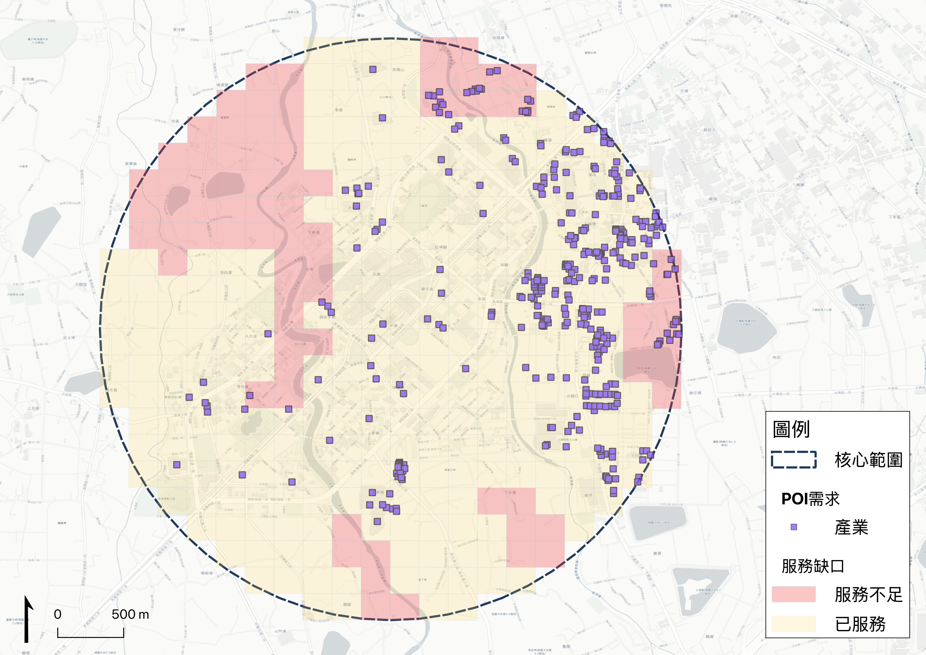 產業 POI 分布 - 紫色方塊顯示產業設施分布