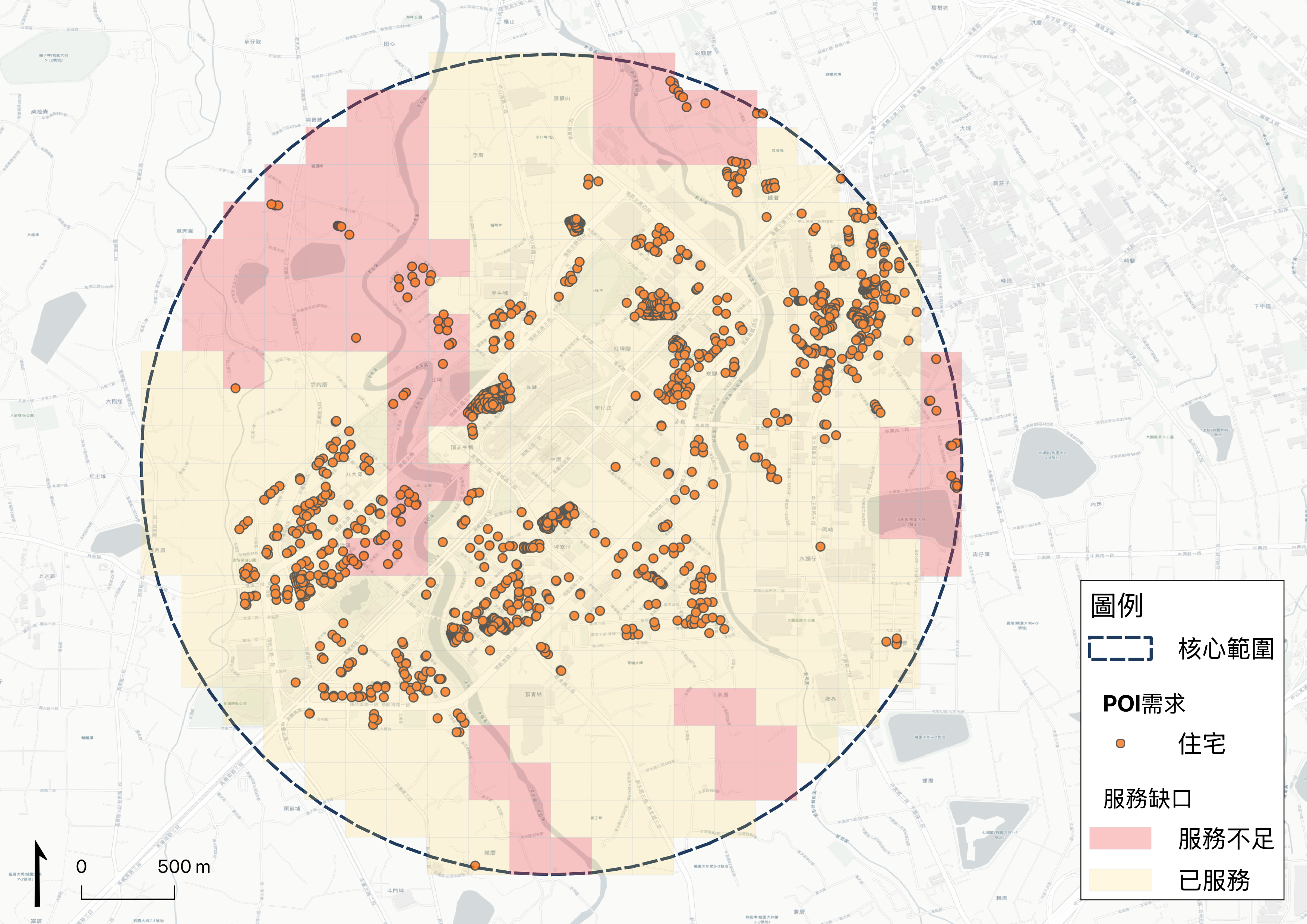 住宅 POI 分布 - 橘色圓點顯示住宅社區分布